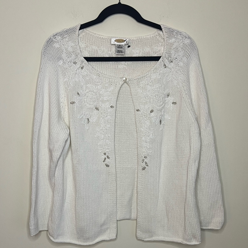 100% Cotton Talbots White Cardigan Sweater With Beaded Floral Accents 3/4 Sleeve